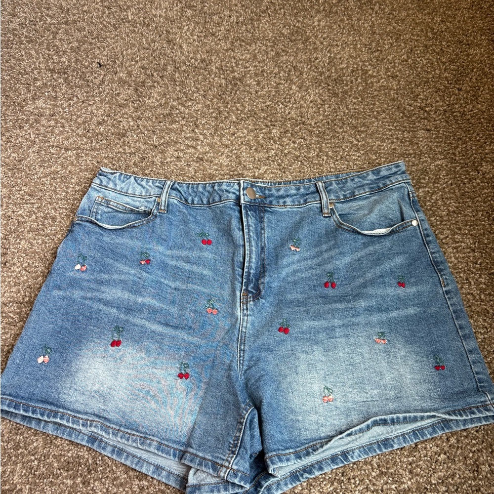 ARULA Blue Jean Shorts with Cherry Embroidery